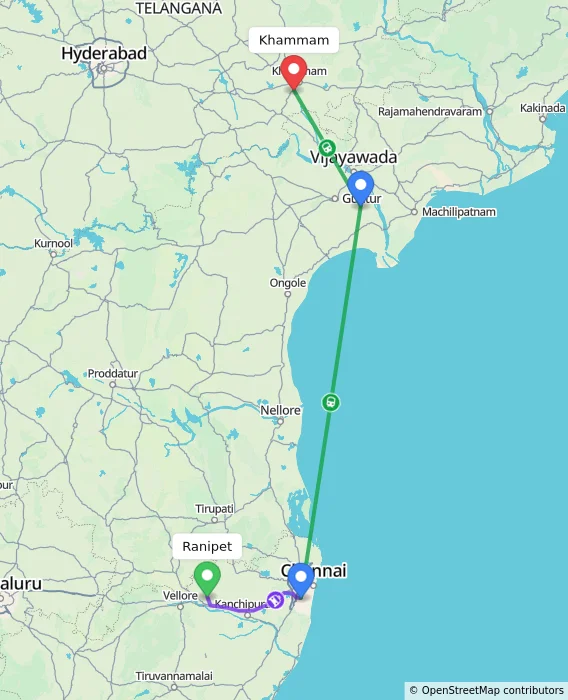 Route map showing distance and travel time from Ranipet, India to Khammam, India