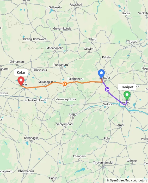 Route map showing distance and travel time from Ranipet, India to Kolar, India