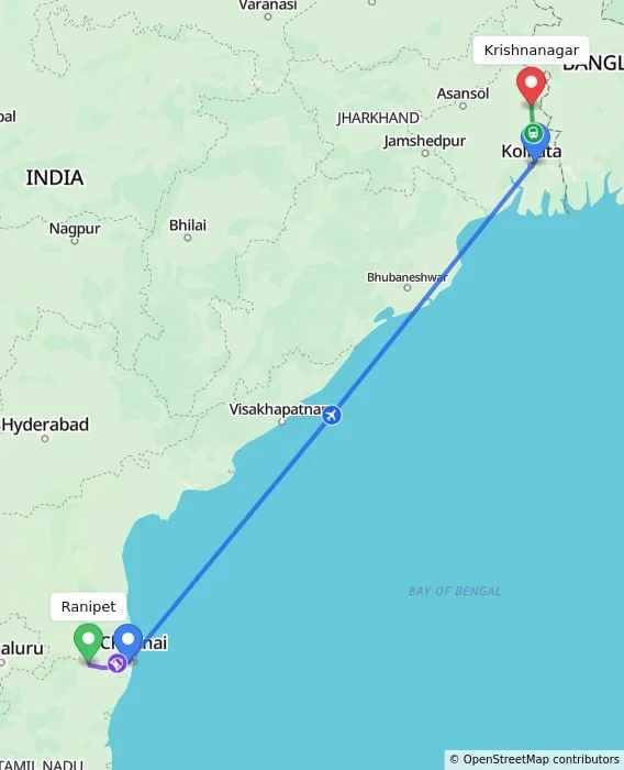 Route map showing distance and travel time from Ranipet, India to Krishnanagar, India