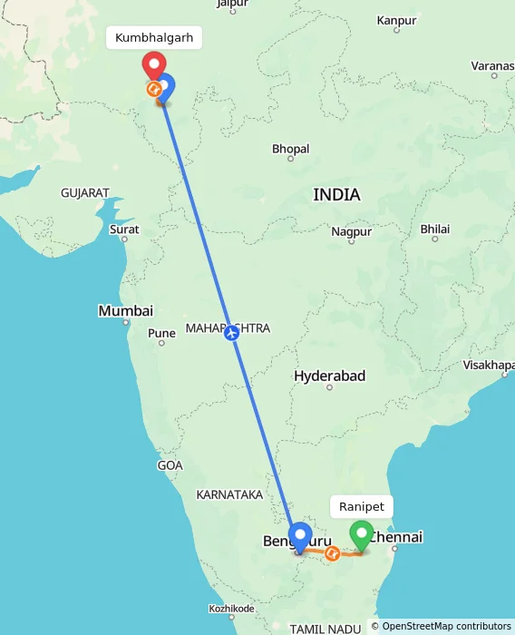 Route map showing distance and travel time from Ranipet, India to Kumbhalgarh, India
