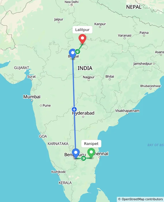 Route map showing distance and travel time from Ranipet, India to Lalitpur, India