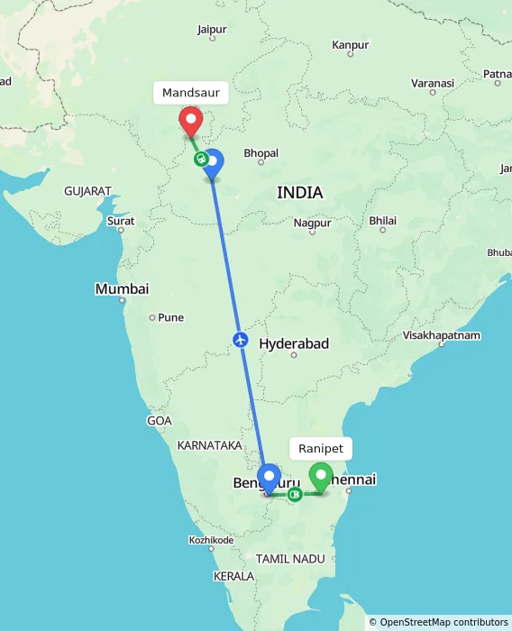 Route map showing distance and travel time from Ranipet, India to Mandsaur, India