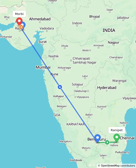 Route map showing distance and travel time from Ranipet, India to Morbi, India