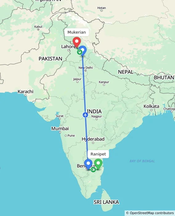 Route map showing distance and travel time from Ranipet, India to Mukerian, India