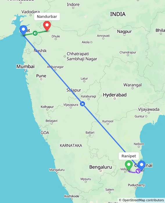 Route map showing distance and travel time from Ranipet, India to Nandurbar, India