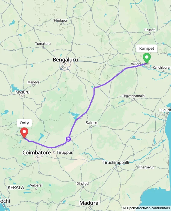 Route map showing distance and travel time from Ranipet, India to Ooty, India