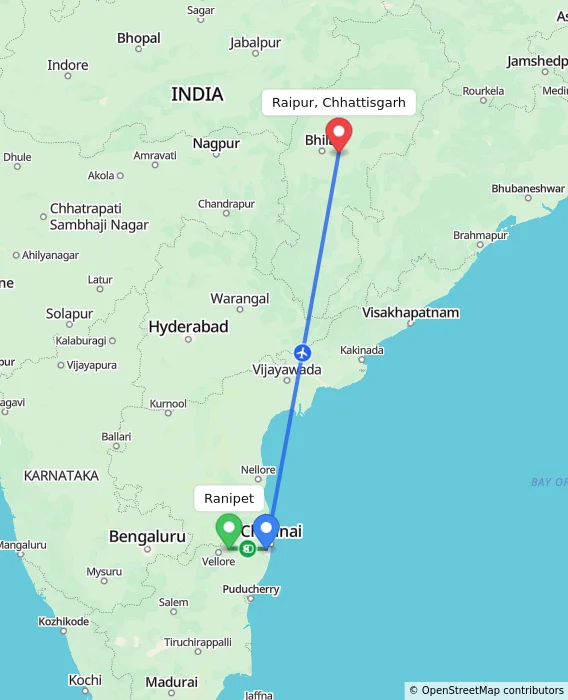 Route map showing distance and travel time from Ranipet, India to Raipur, Chhattisgarh, India