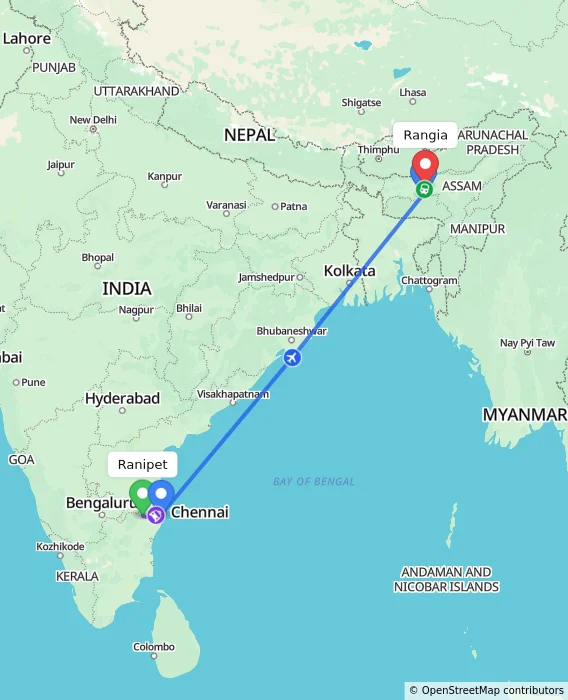 Route map showing distance and travel time from Ranipet, India to Rangia, India