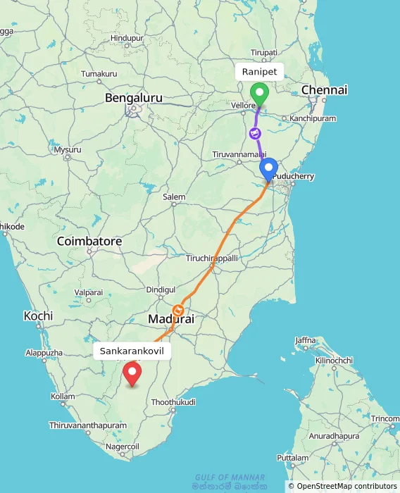 Route map showing distance and travel time from Ranipet, India to Sankarankovil, India