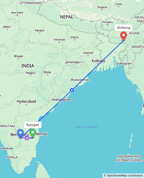 Route map showing distance and travel time from Ranipet, India to Shillong, India