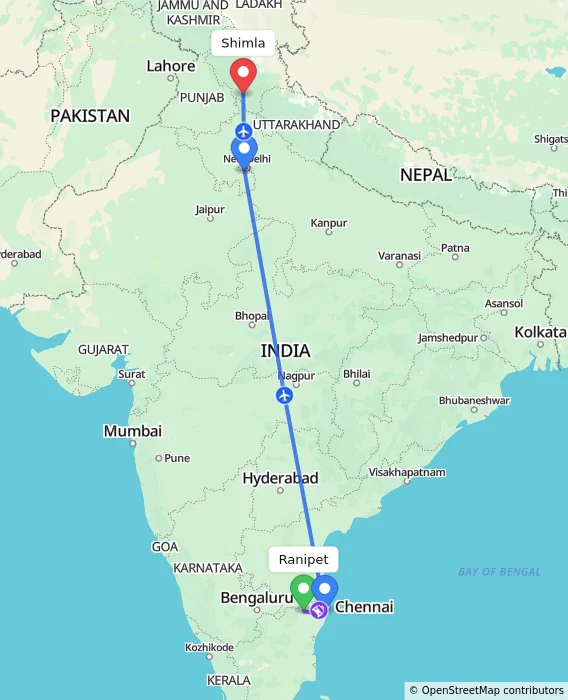 Route map showing distance and travel time from Ranipet, India to Shimla, India