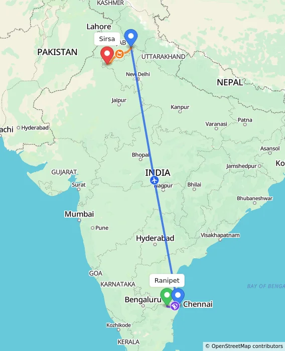 Route map showing distance and travel time from Ranipet, India to Sirsa, India