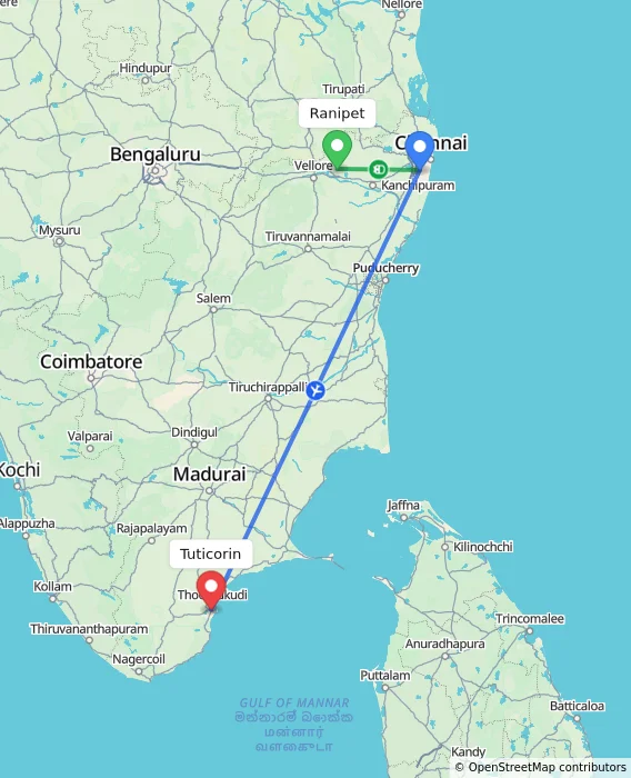 Route map showing distance and travel time from Ranipet, India to Tuticorin, India