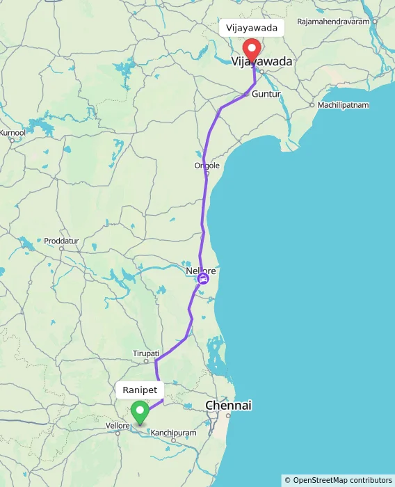 Route map showing distance and travel time from Ranipet, India to Vijayawada, India