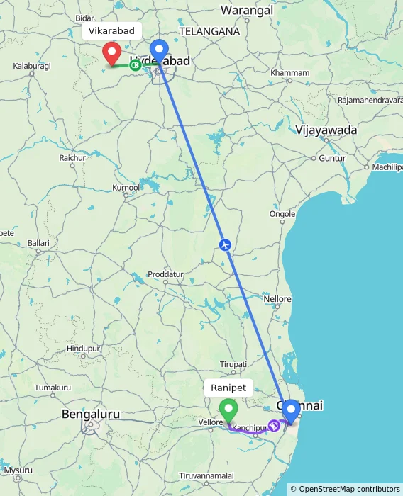 Route map showing distance and travel time from Ranipet, India to Vikarabad, India