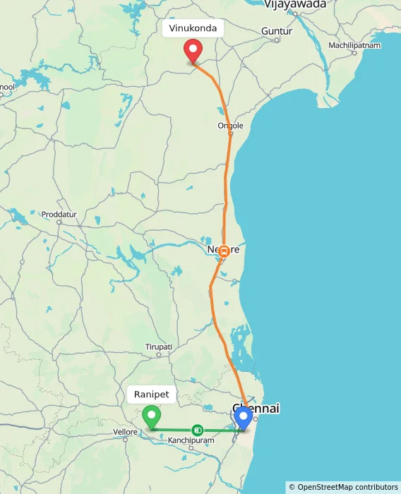Route map showing distance and travel time from Ranipet, India to Vinukonda, India