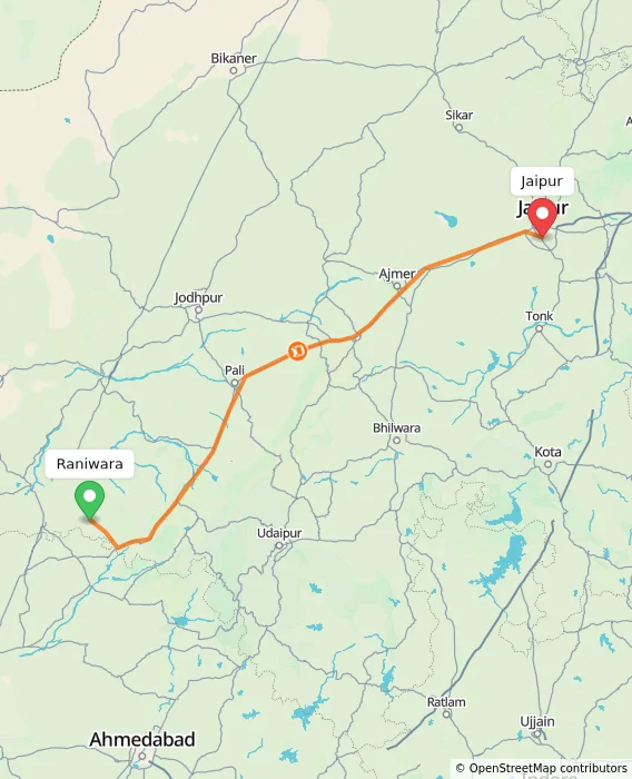 Route map showing distance and travel time from Raniwara, India to Jaipur, India