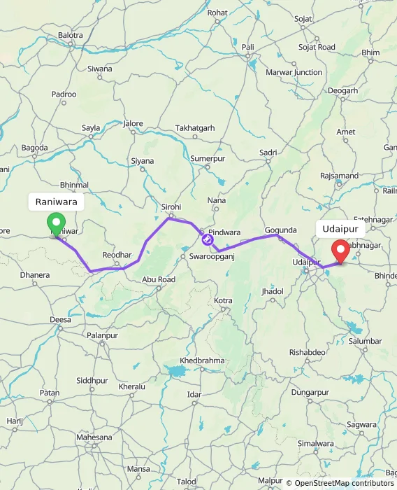 Route map showing distance and travel time from Raniwara, India to Udaipur, India