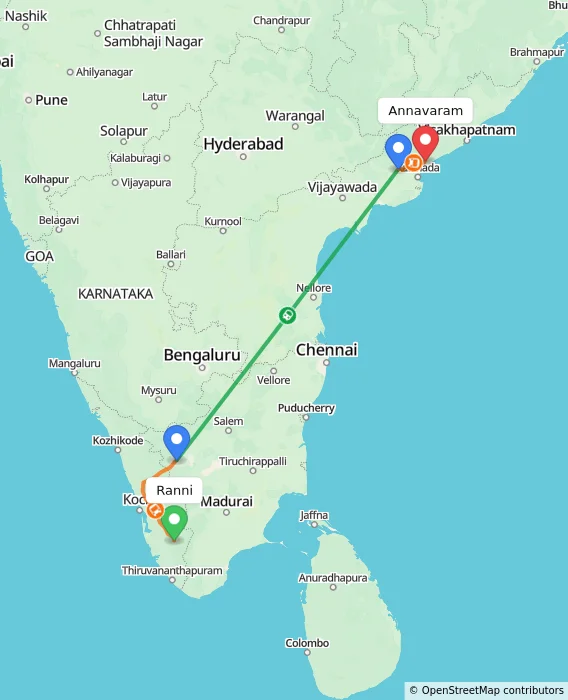 Route map showing distance and travel time from Ranni, India to Annavaram, India