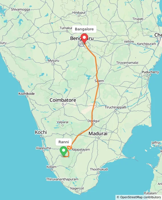 Route map showing distance and travel time from Ranni, India to Bangalore, India