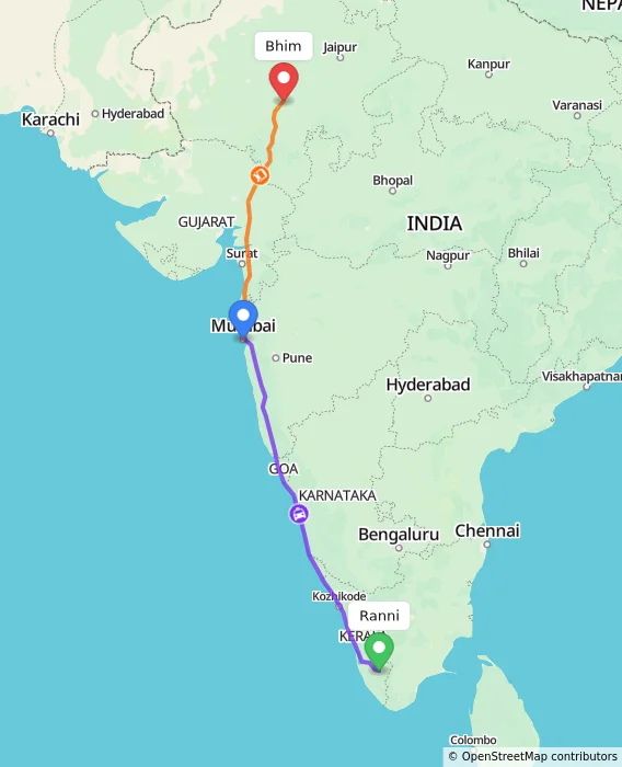 Route map showing distance and travel time from Ranni, India to Bhim, India