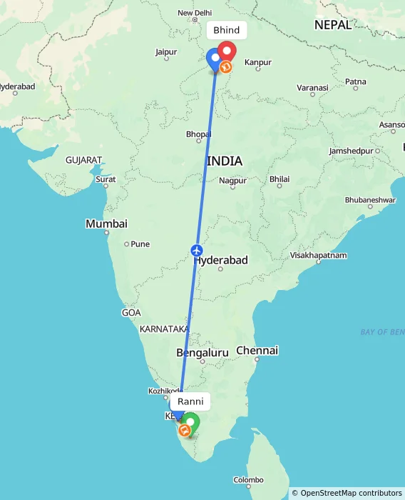 Route map showing distance and travel time from Ranni, India to Bhind, India