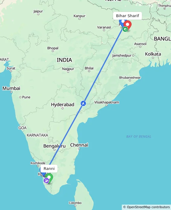 Route map showing distance and travel time from Ranni, India to Bihar Sharif, India