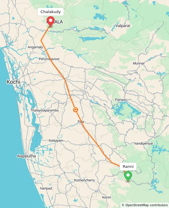 Route map showing distance and travel time from Ranni, India to Chalakudy, India