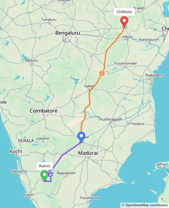 Route map showing distance and travel time from Ranni, India to Chittoor, India