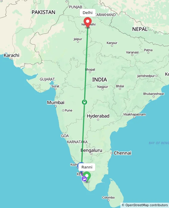 Route map showing distance and travel time from Ranni, India to Delhi, India