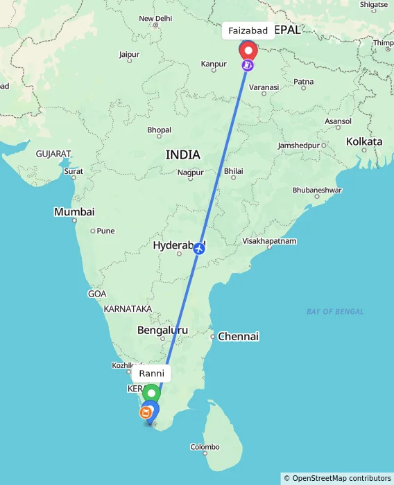 Route map showing distance and travel time from Ranni, India to Faizabad, India