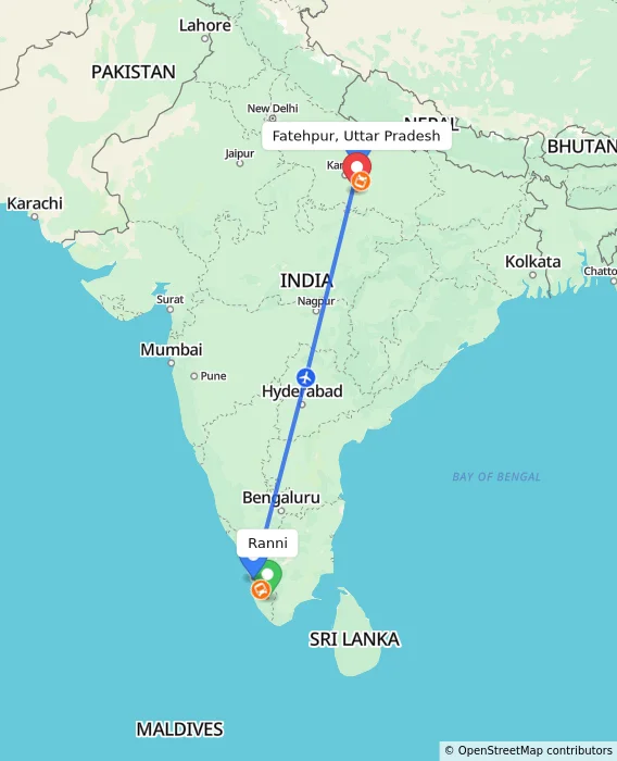Route map showing distance and travel time from Ranni, India to Fatehpur, Uttar Pradesh, India