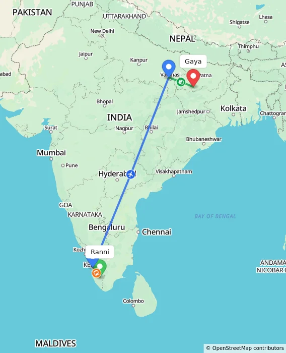 Route map showing distance and travel time from Ranni, India to Gaya, India