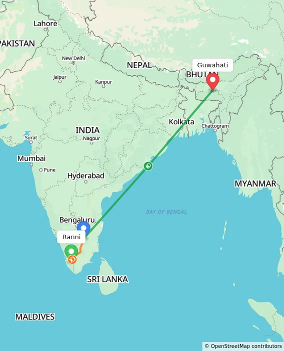 Route map showing distance and travel time from Ranni, India to Guwahati, India
