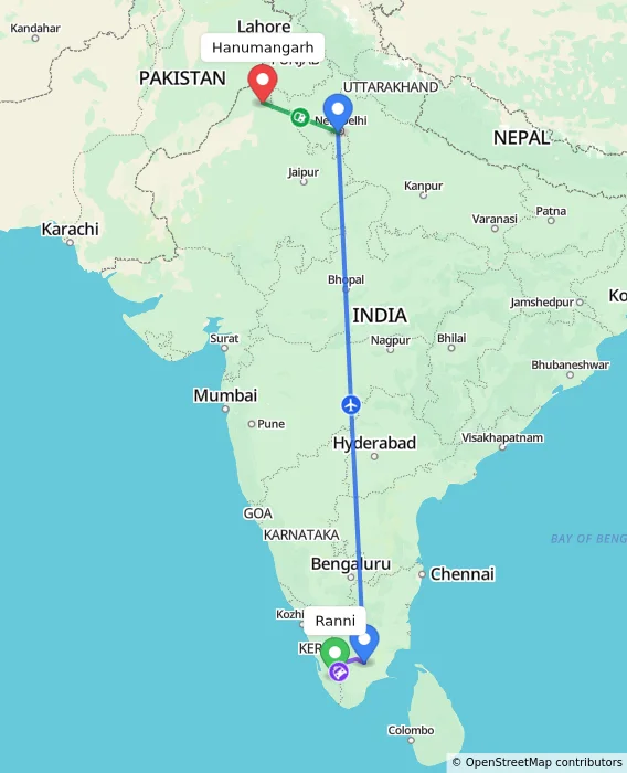 Route map showing distance and travel time from Ranni, India to Hanumangarh, India