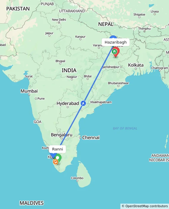 Route map showing distance and travel time from Ranni, India to Hazaribagh, India