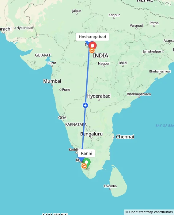 Route map showing distance and travel time from Ranni, India to Hoshangabad, India