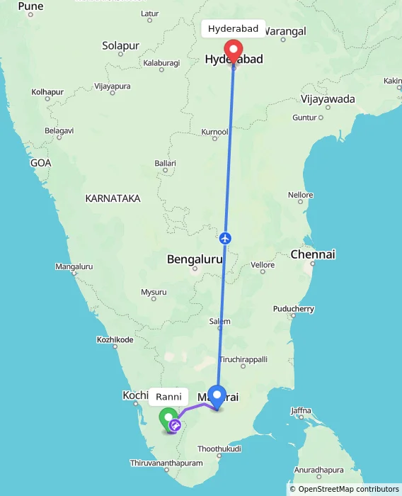 Route map showing distance and travel time from Ranni, India to Hyderabad, India