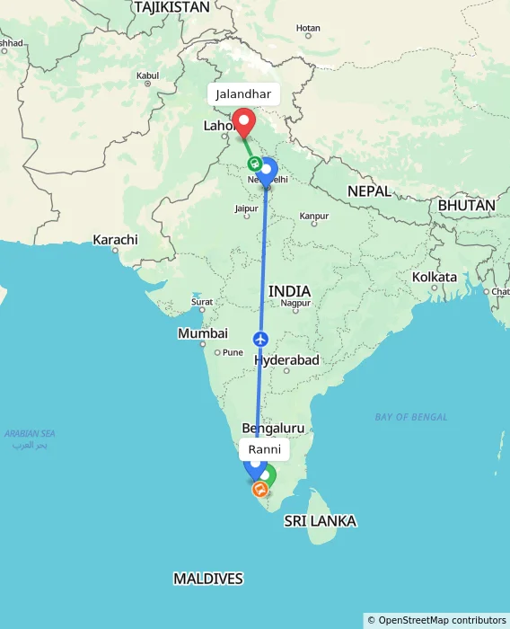 Route map showing distance and travel time from Ranni, India to Jalandhar, India