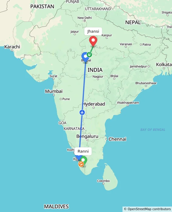 Route map showing distance and travel time from Ranni, India to Jhansi, India