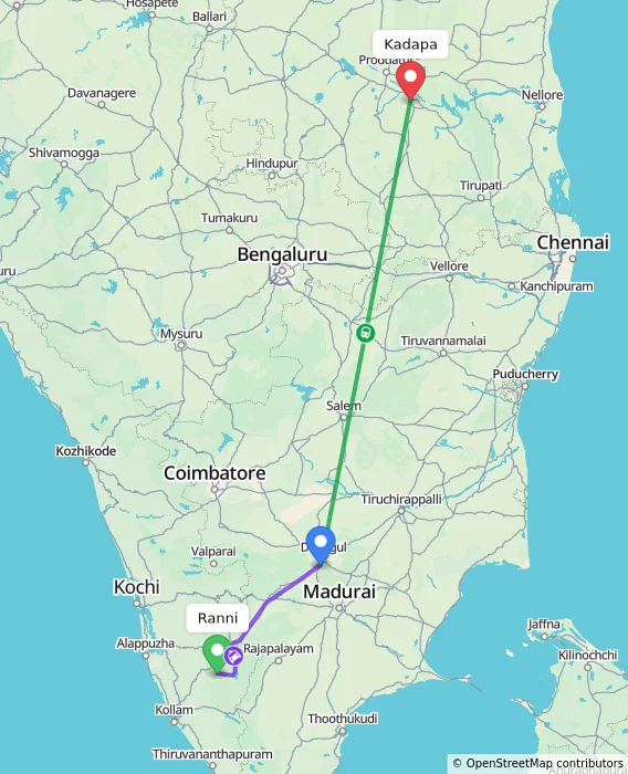 Route map showing distance and travel time from Ranni, India to Kadapa, India