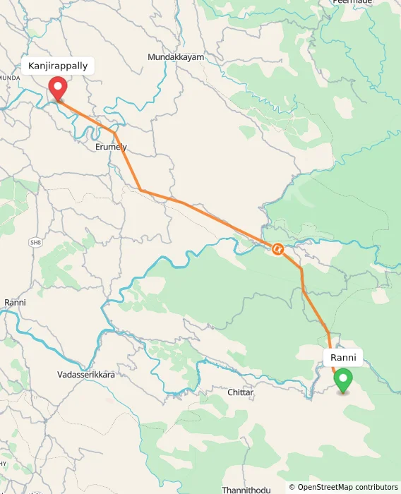 Route map showing distance and travel time from Ranni, India to Kanjirappally, India