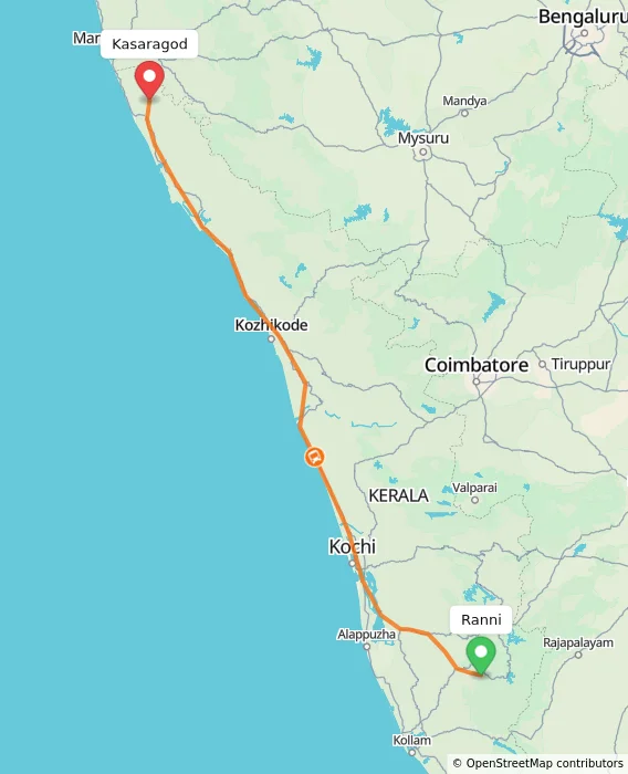 Route map showing distance and travel time from Ranni, India to Kasaragod, India