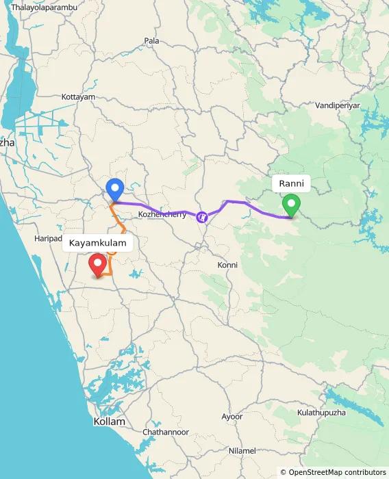 Route map showing distance and travel time from Ranni, India to Kayamkulam, India