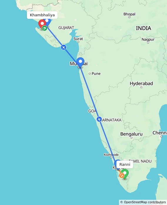 Route map showing distance and travel time from Ranni, India to Khambhaliya, India