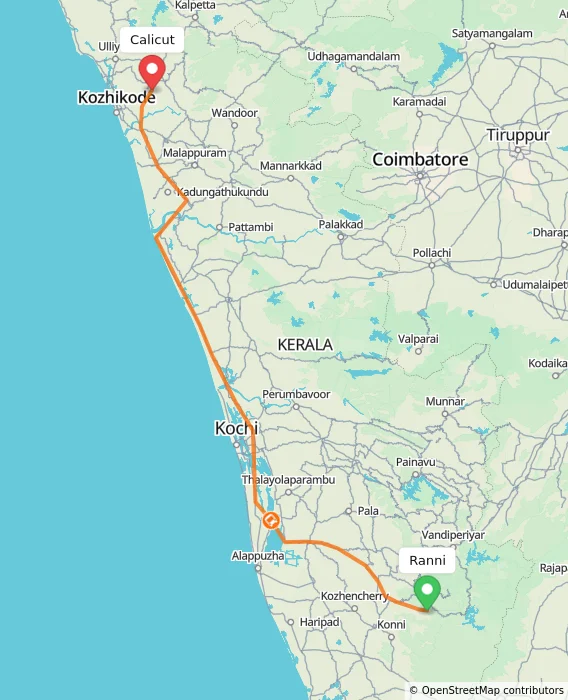 Route map showing distance and travel time from Ranni, India to Kozhikode, India