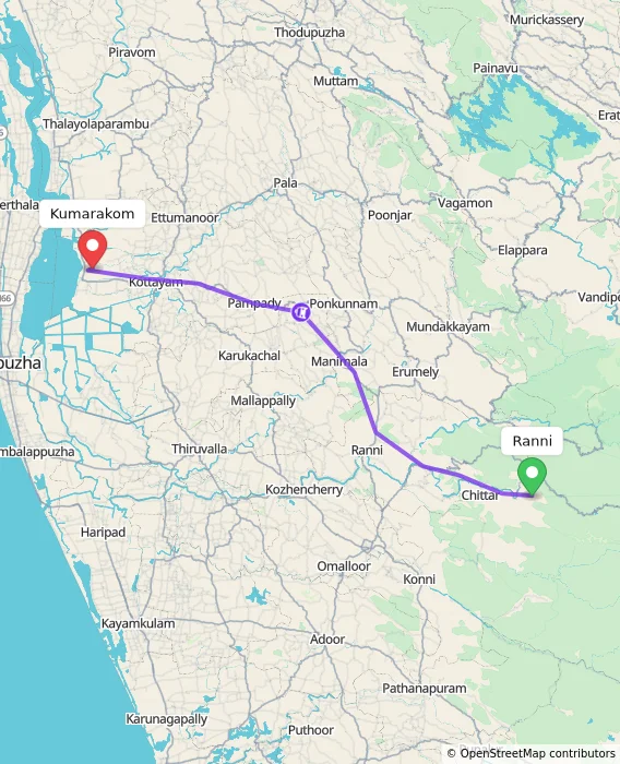 Route map showing distance and travel time from Ranni, India to Kumarakom, India