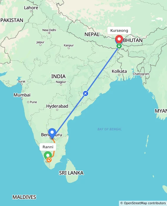 Route map showing distance and travel time from Ranni, India to Kurseong, India