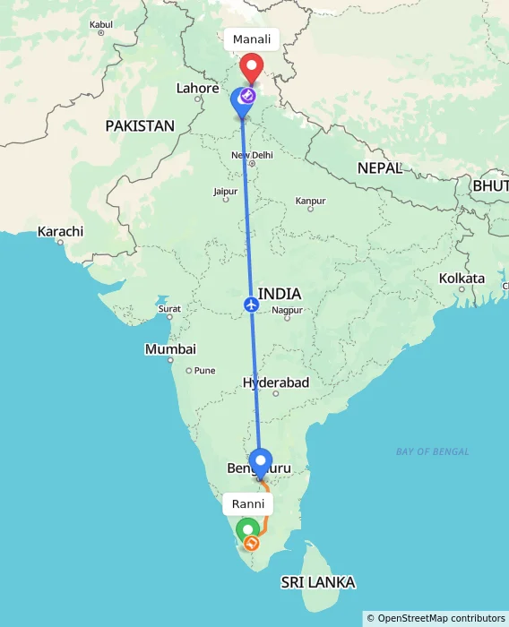 Route map showing distance and travel time from Ranni, India to Manali, India