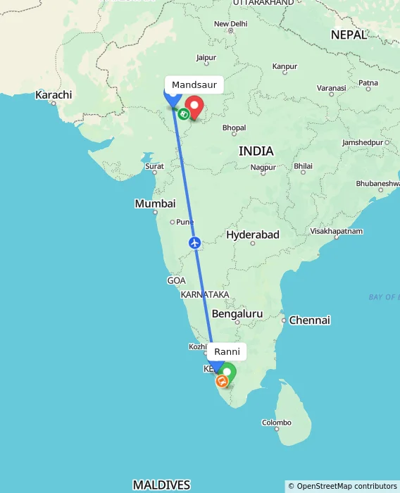 Route map showing distance and travel time from Ranni, India to Mandsaur, India